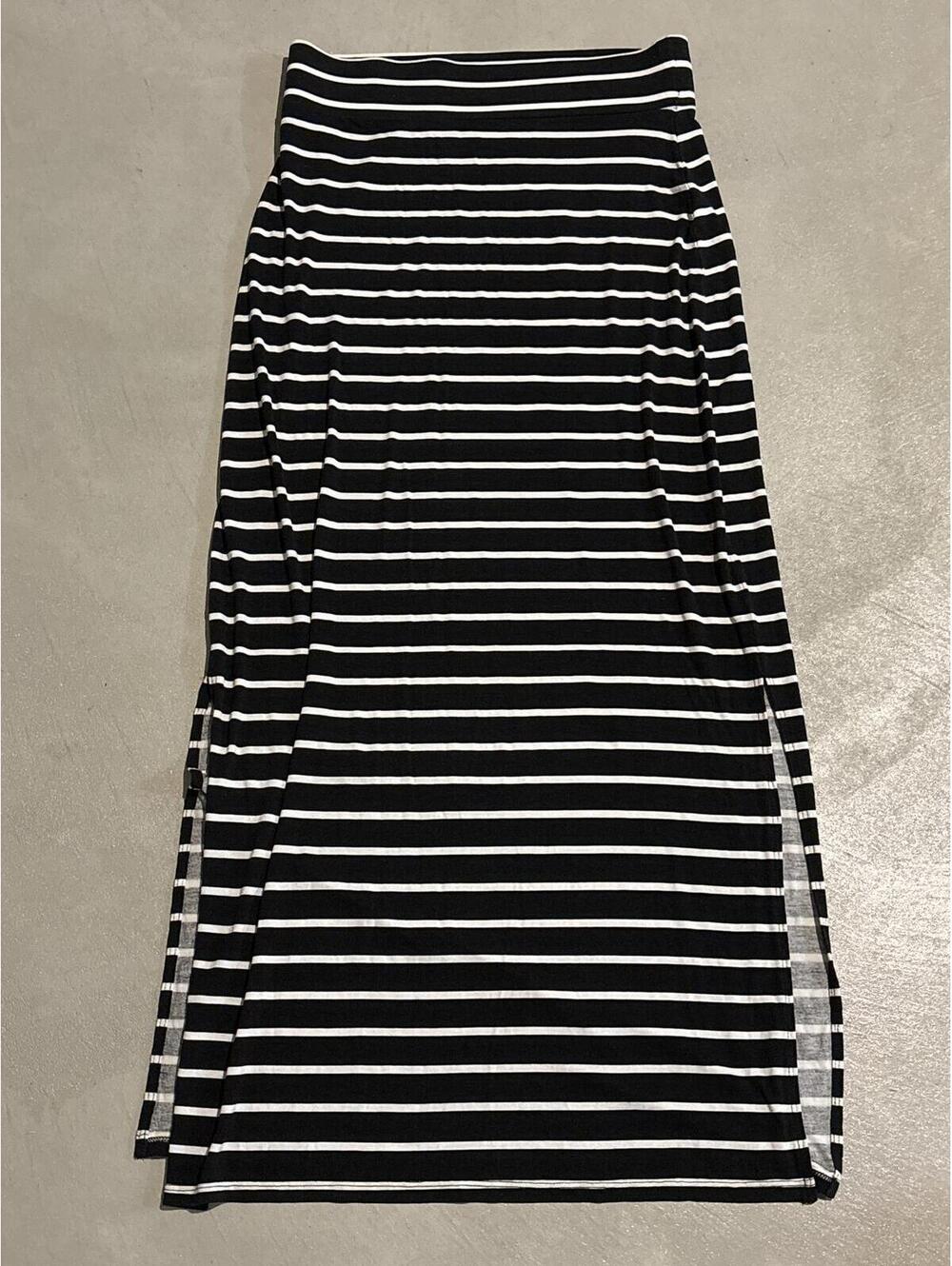 Black and White Striped Midi Skirt with Side Slits